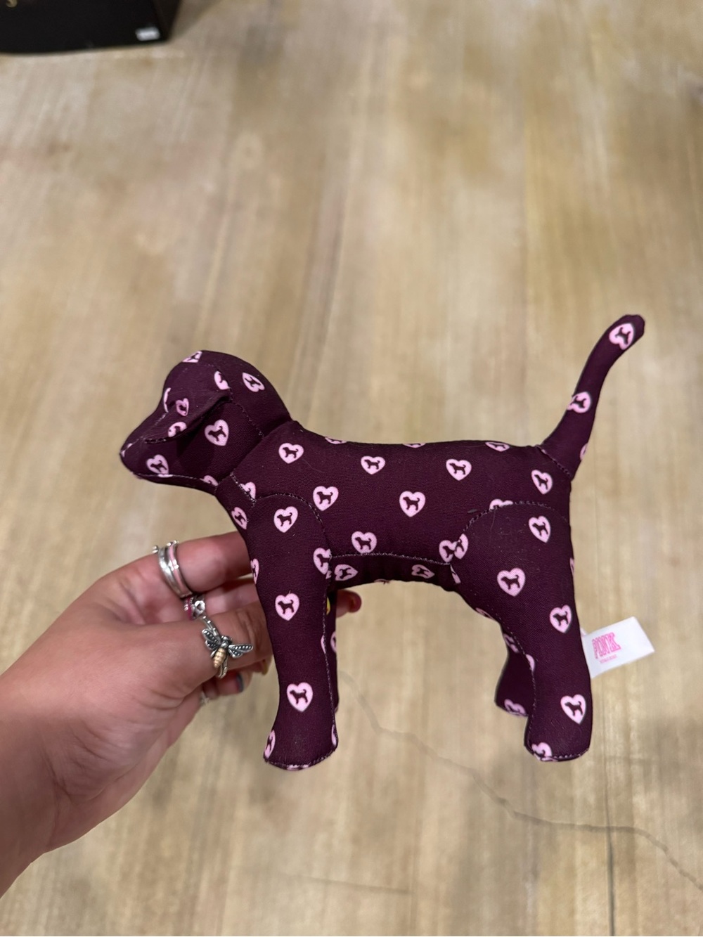 PINK Victoria's Secret Maroon Plush Dog Statue with Pink Heart Print